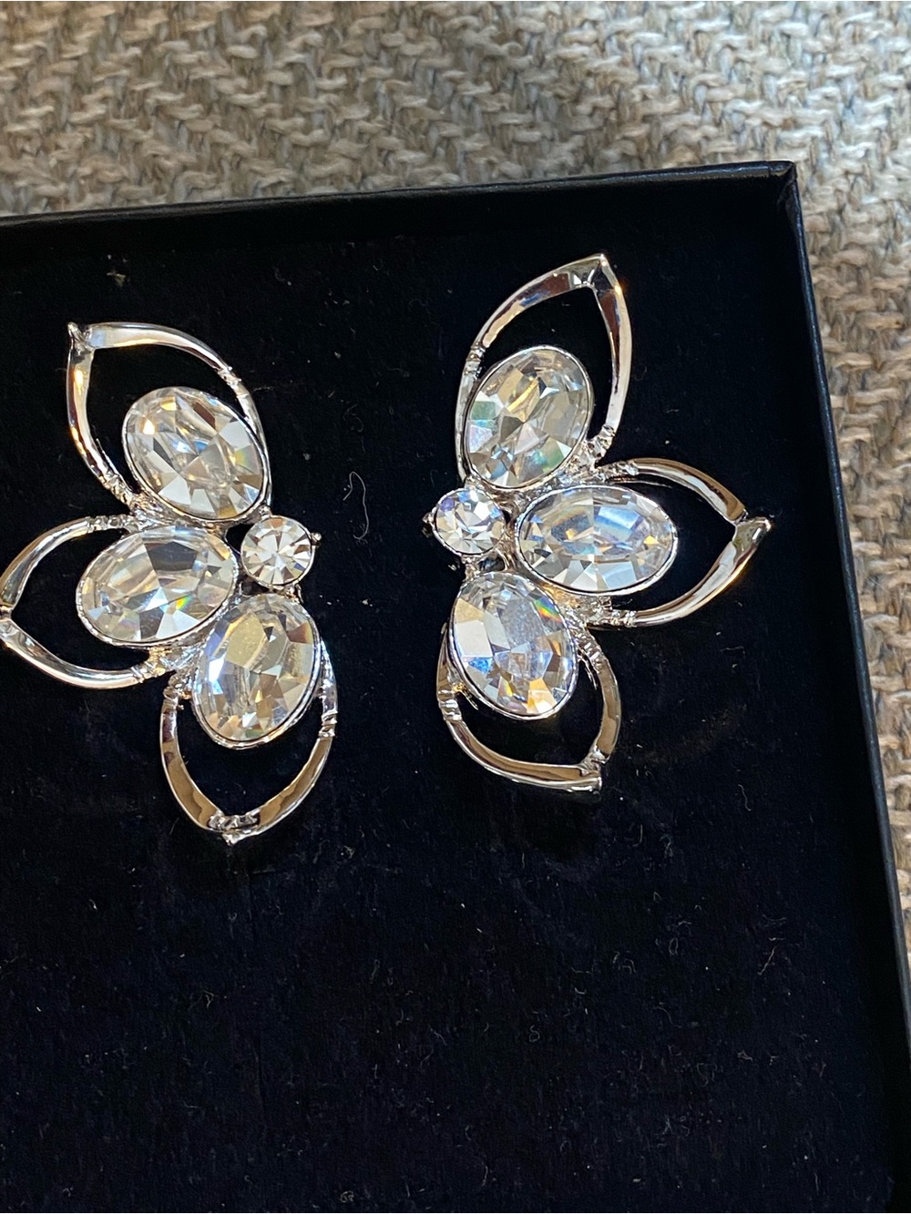 Clear Faceted Glass Statement Clip on Earrings - Silver Tone Butterfly wings